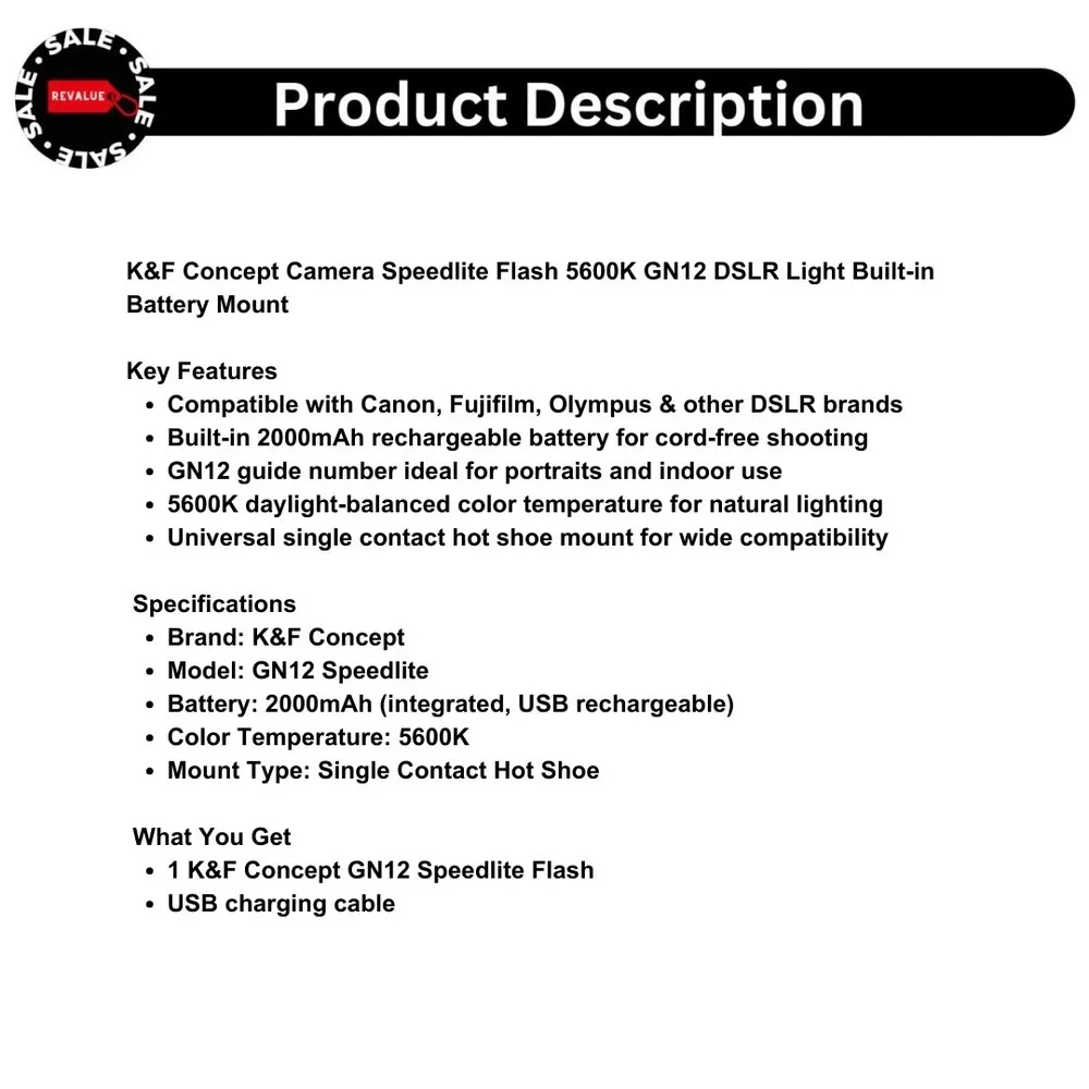 K&F Concept Camera Speedlite Flash 5600K GN12 DSLR‎ Light Built-in Battery Mount